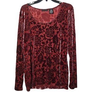 Apostrophe Womens Red Burnout Velvet Long Sleeve Top XL Whimsigoth Fairy Grunge
